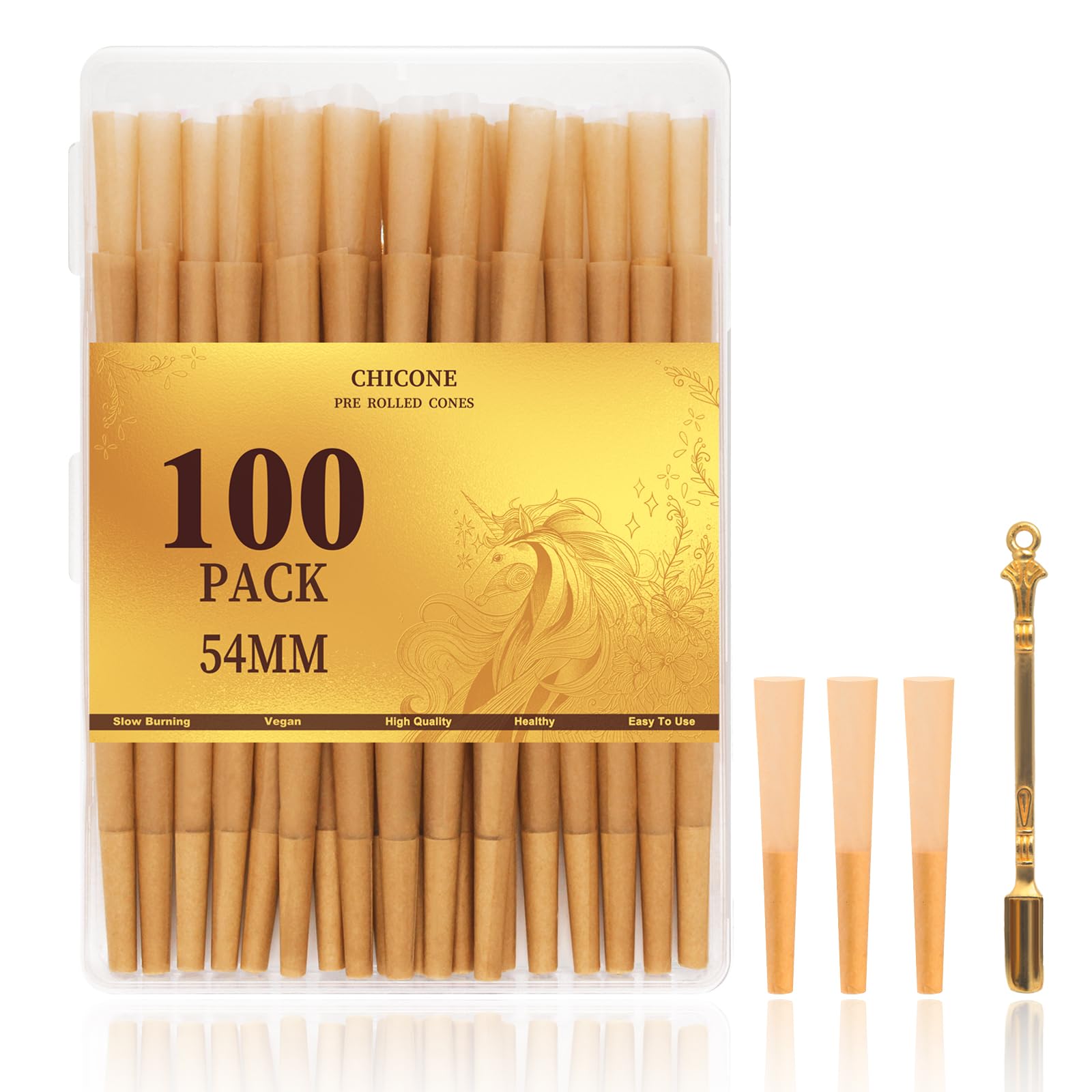 CHICONE clear case with 100 empty 54mm mini pre-rolled cones and a gold filling tool