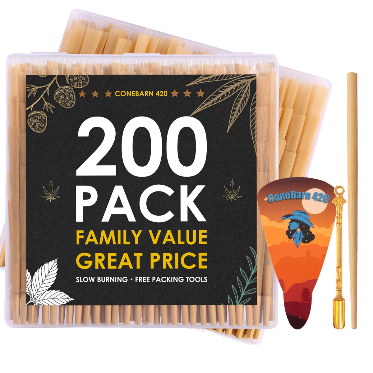 ConeBarn 420 case with 200 empty 108mm pre-rolled cones and packing tools