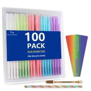 Clear case with 100 colorful 108mm pre-rolled cones and filling tools