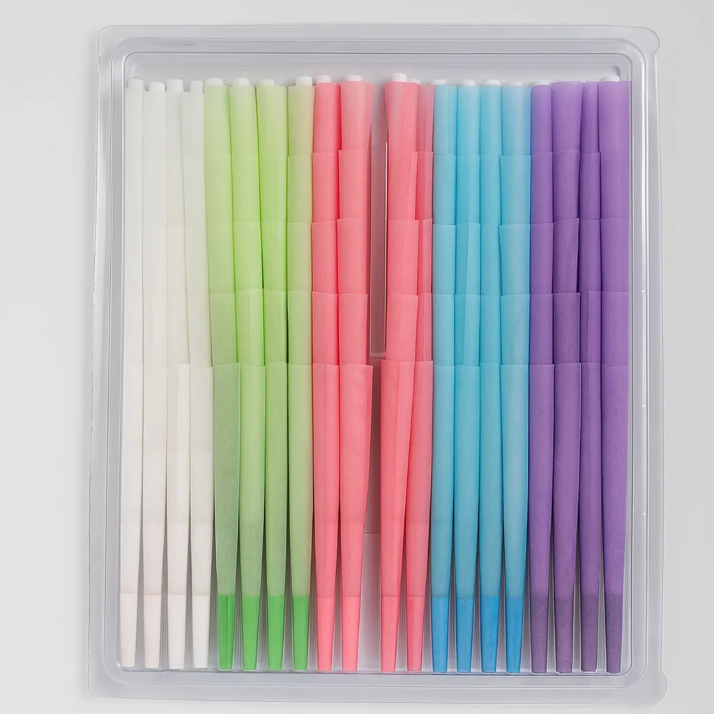 Clear retail case showing an assortment of colorful empty pre-rolled cones